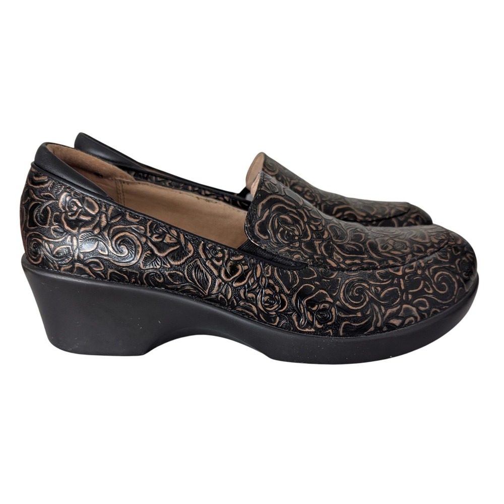 Alegria Emma Chunky Leather Clogs Women 11/EU 42 Black Gold Floral Comfort Shoe